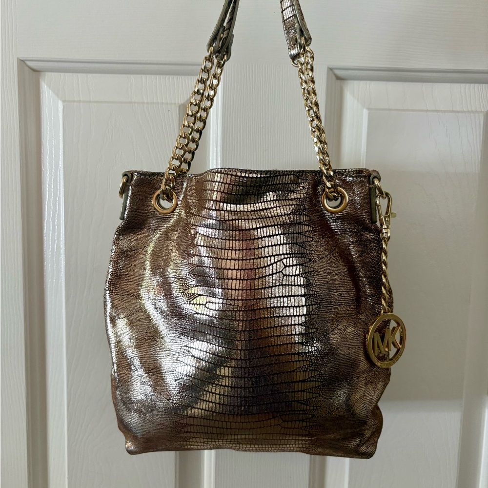 Michael Kors Gold Textured Shoulder Bag with Chain Straps